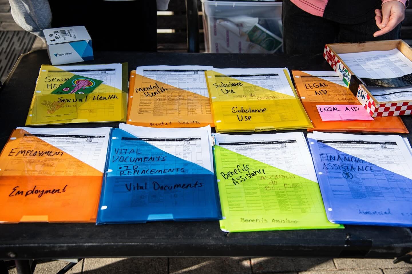 Color-coded resource folders labeled for legal aid, employment, mental health and more